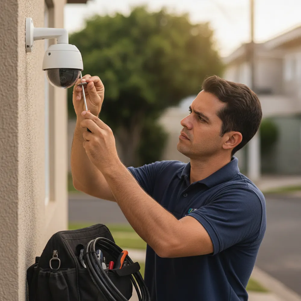 Técnico instalando uma câmera de segurança CFTV na parede